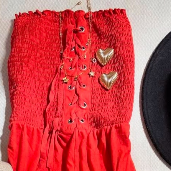 Vibrant Red/Orange Jumpsuit with Flowing Silhouette and Ruching Detail - Picture 3 of 3